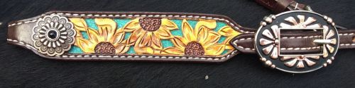 Showman Argentina cow leather brow band headstall with hand painted sunflowers and turquoise buckstitch #2